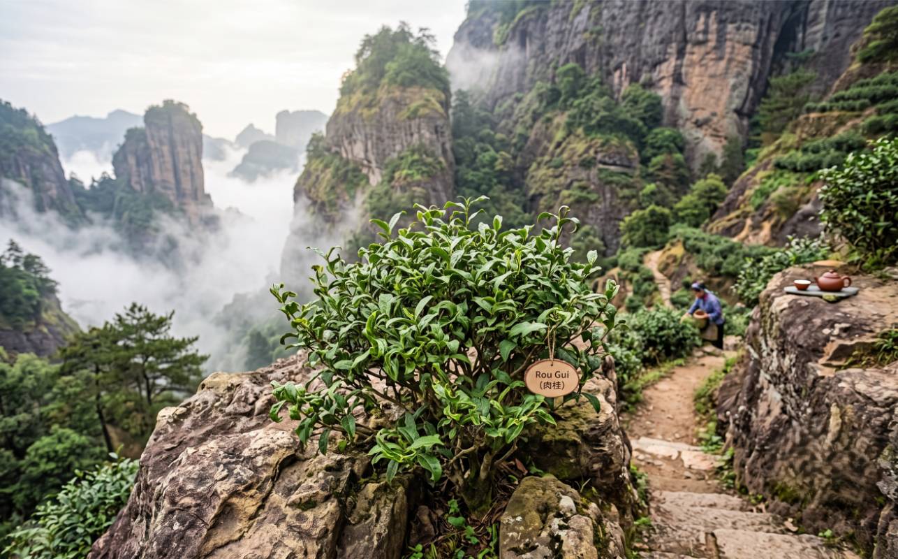 Rou Gui theestruik tussen de Wuyi-kliffen