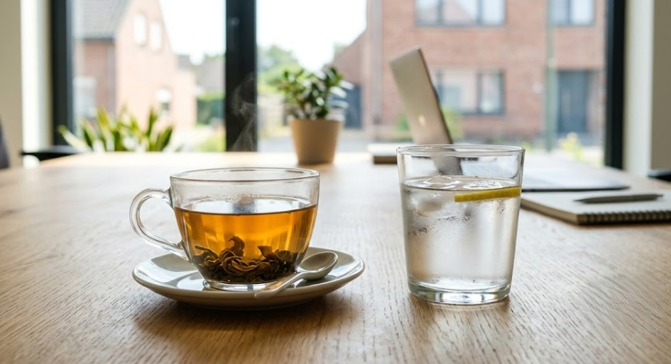 Glas water en kopje oolong