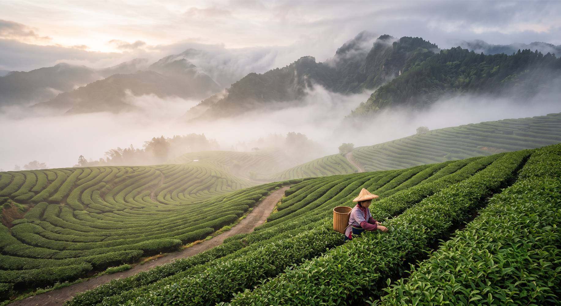 Mistige theetuinen in het Alishan-gebergte