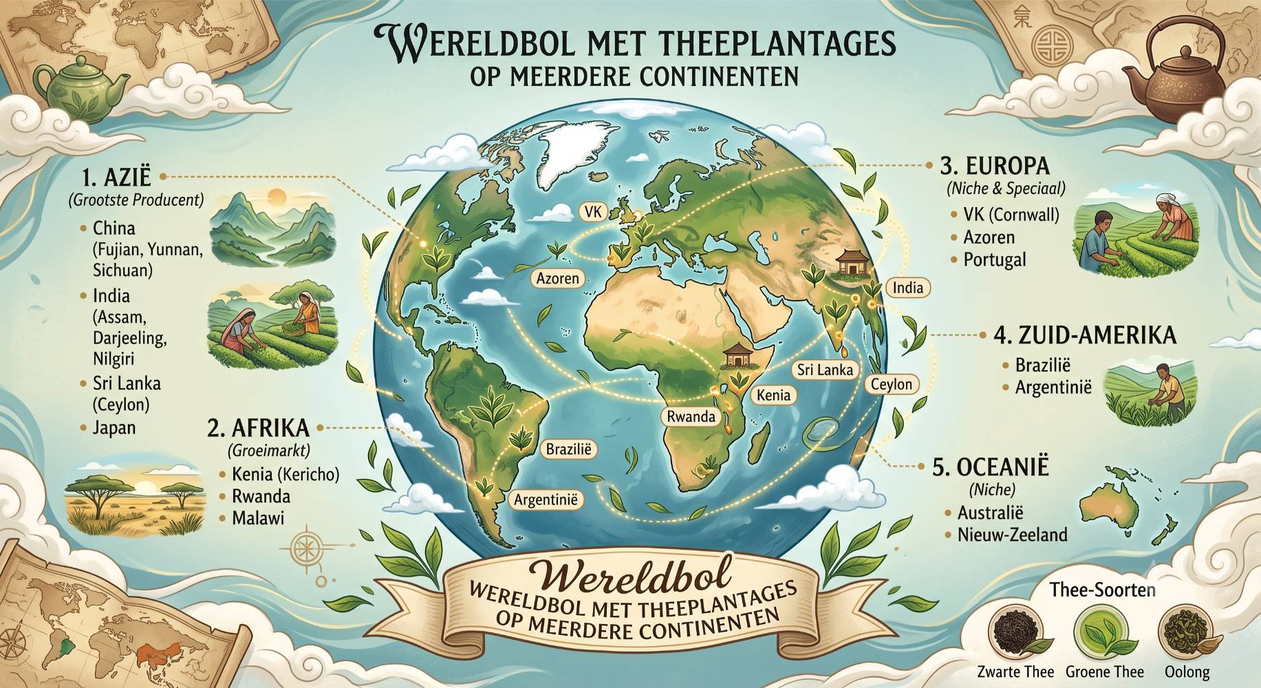 Wereldbol met theeplantages op meerdere continenten