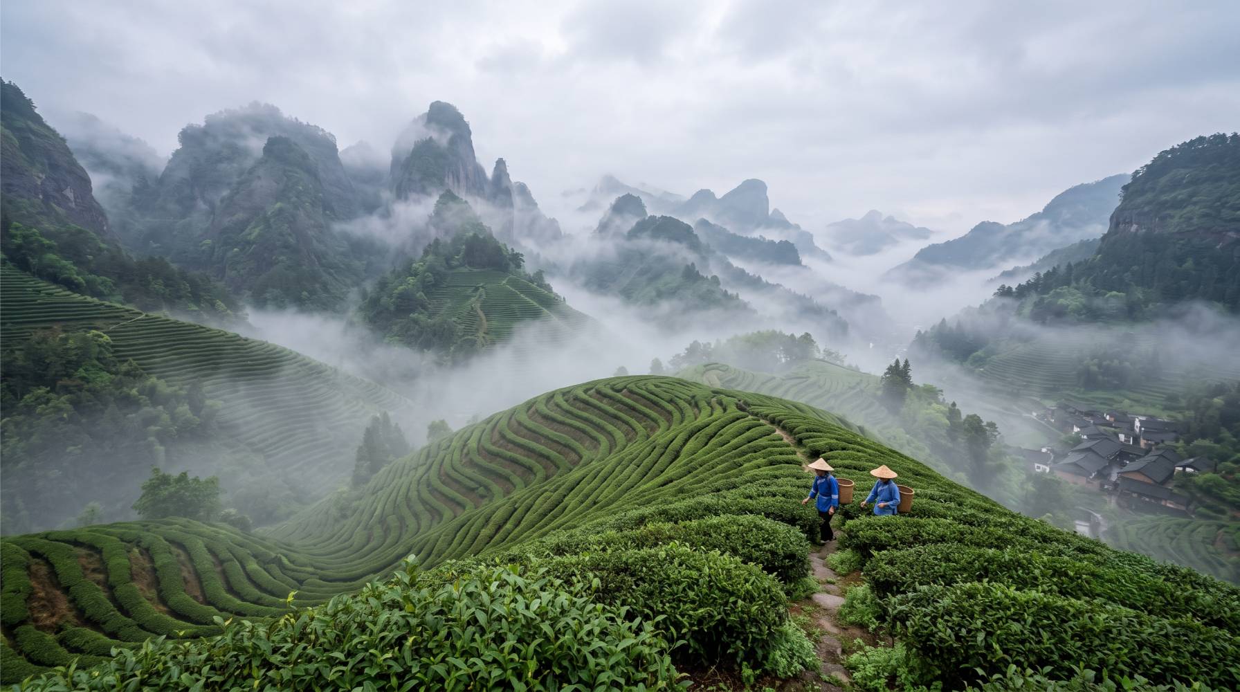 Chinese theebergen in de mist