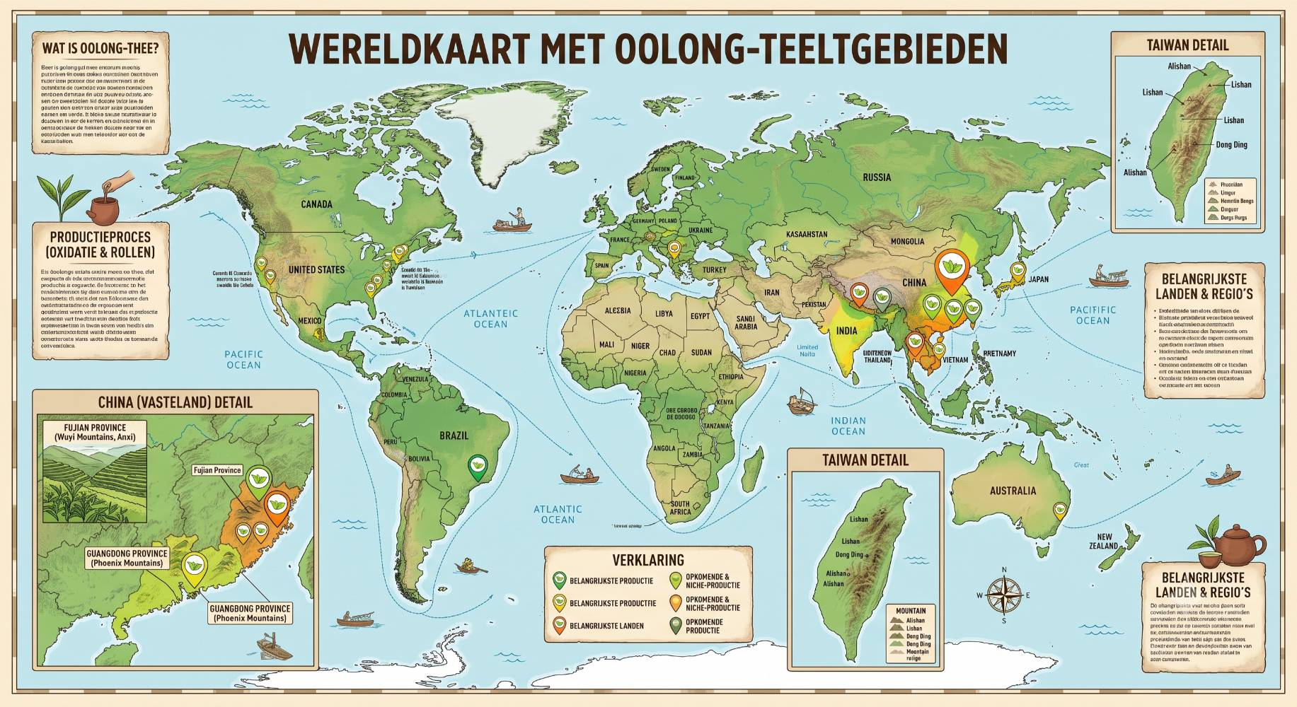 Wereldkaart met oolong-teeltgebieden
