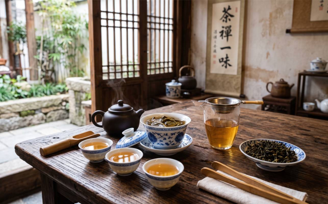 Gongfu-opstelling met gaiwan en oolong