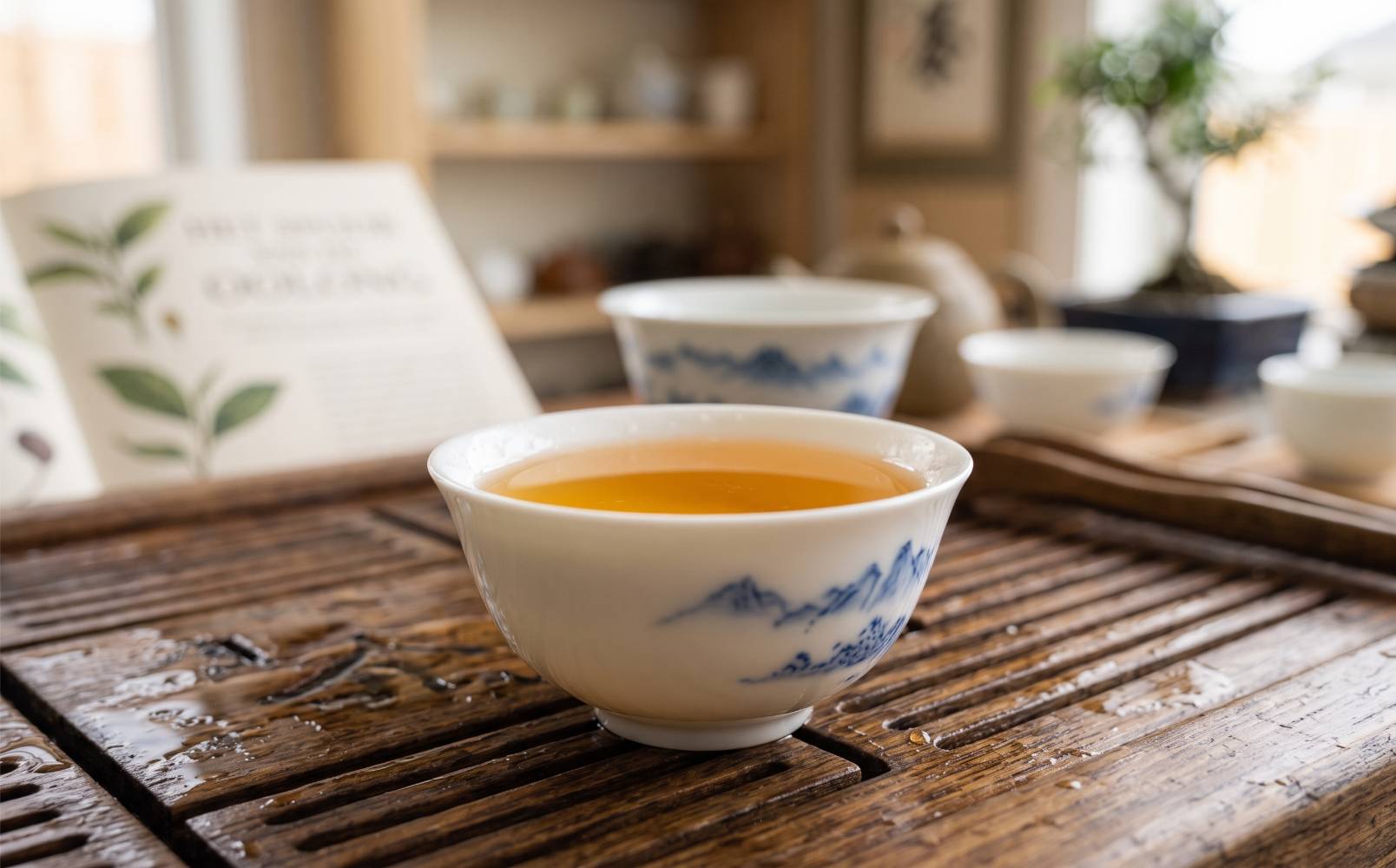 Ambergouden oolong-liquor in een porseleinen kopje