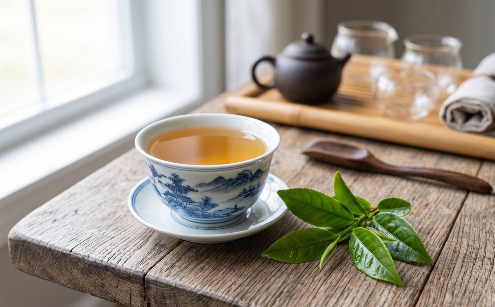 Kopje oolong met verse theebladen