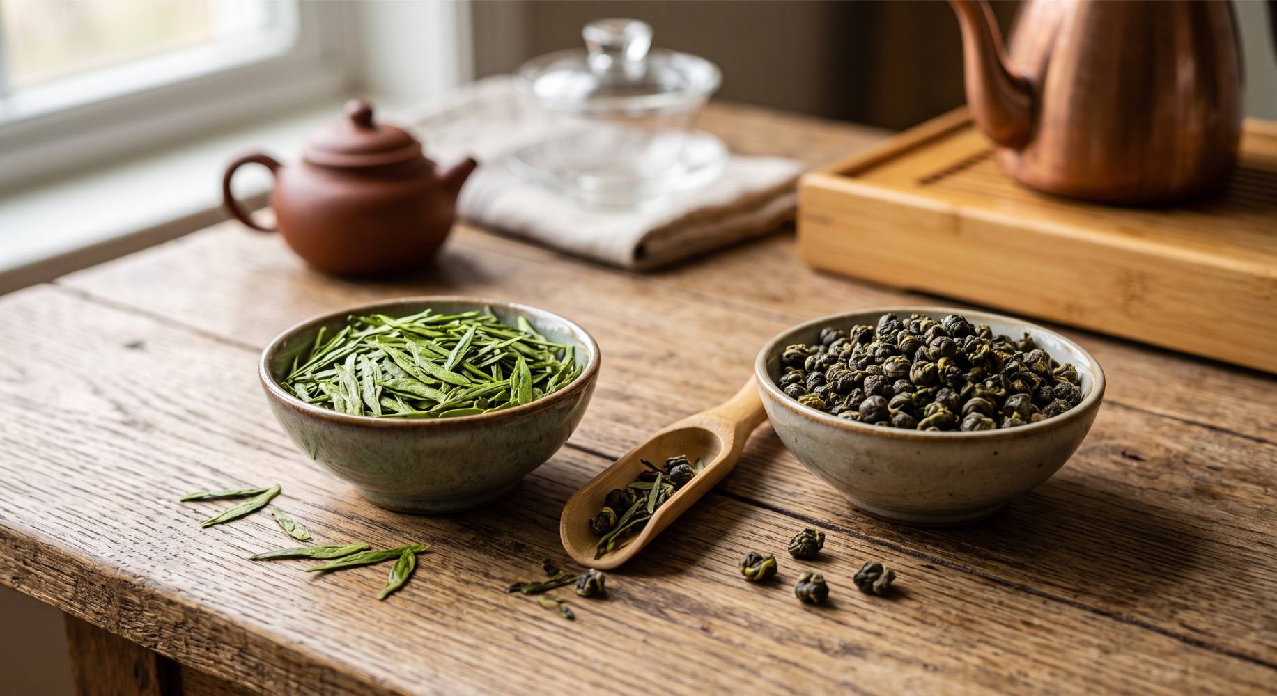 Groene theeblaadjes naast gerolde oolong