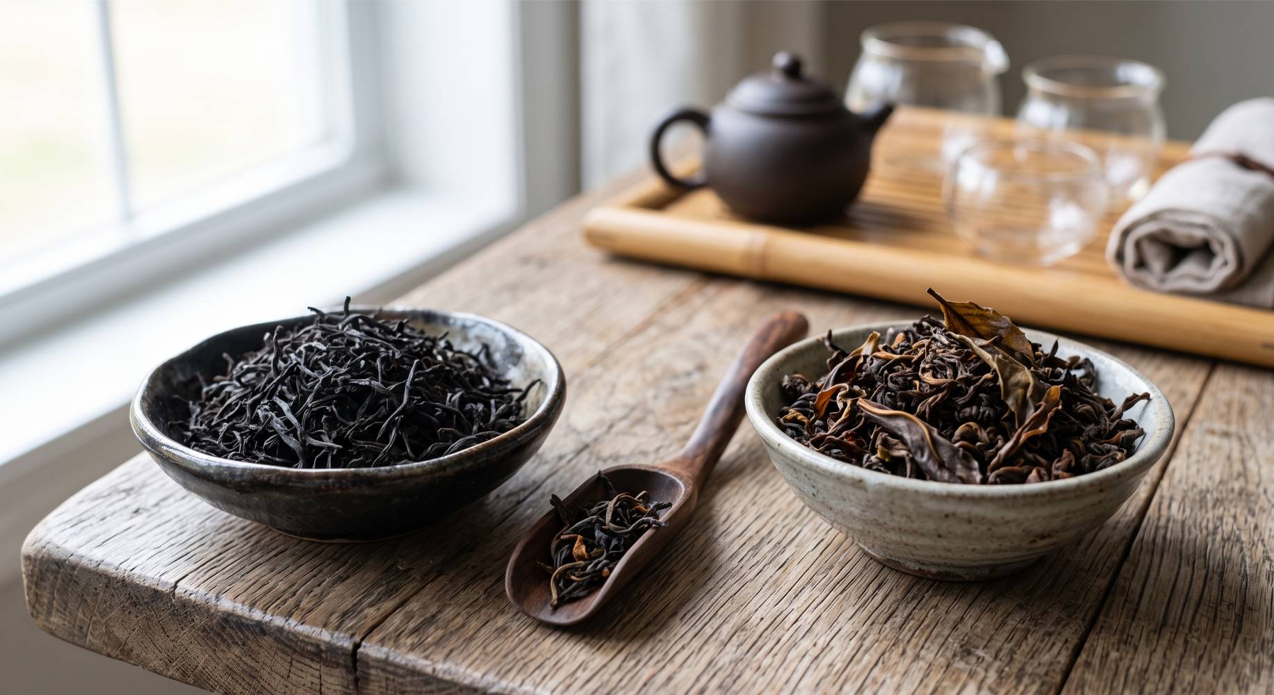 Donkere zwarte thee naast geroosterde oolong