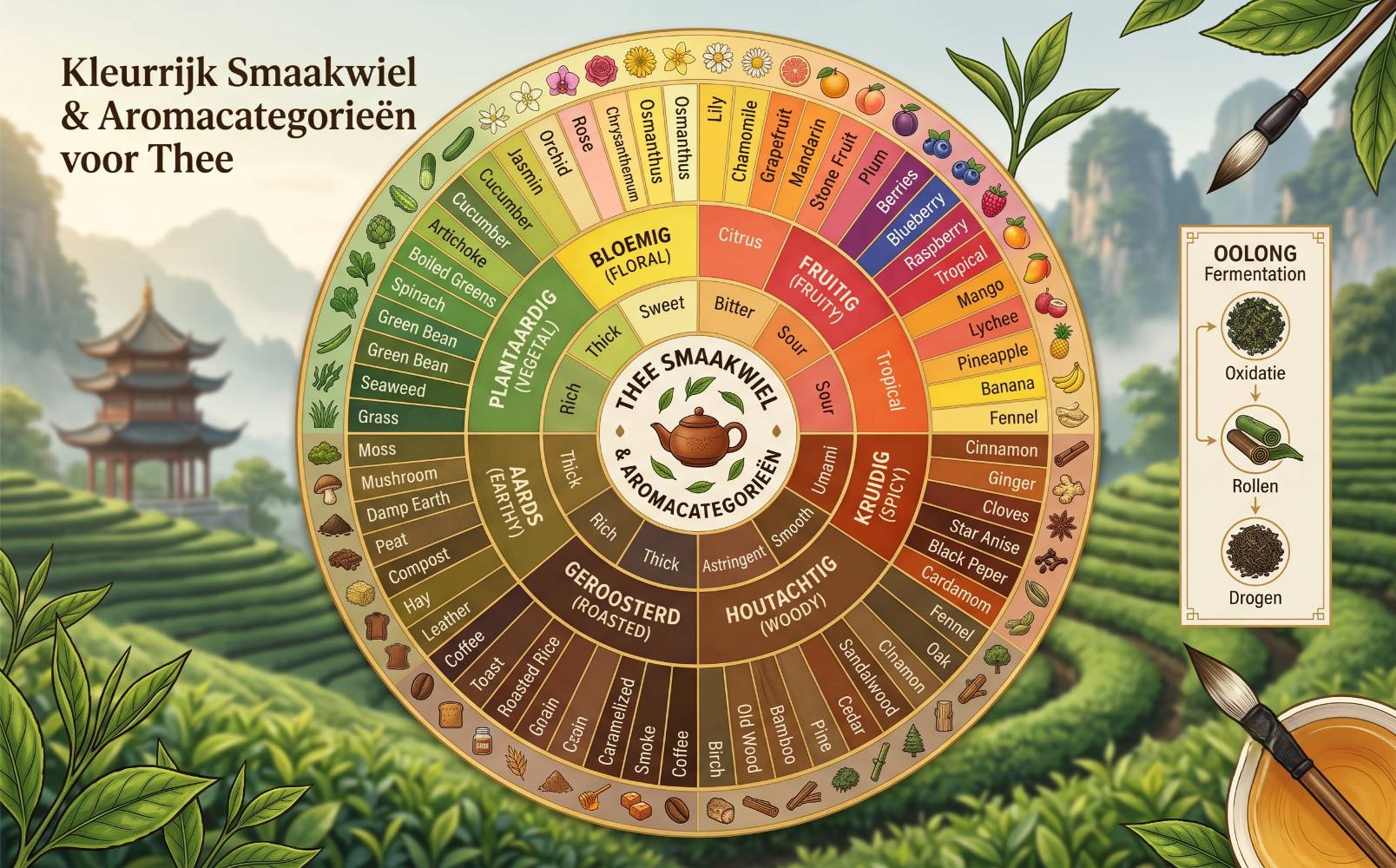 Kleurrijk smaakwiel met aromacategorieën