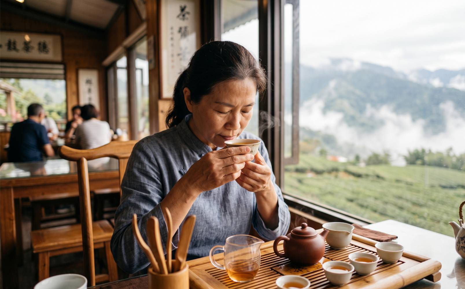 Iemand die geconcentreerd aan een kopje oolong ruikt