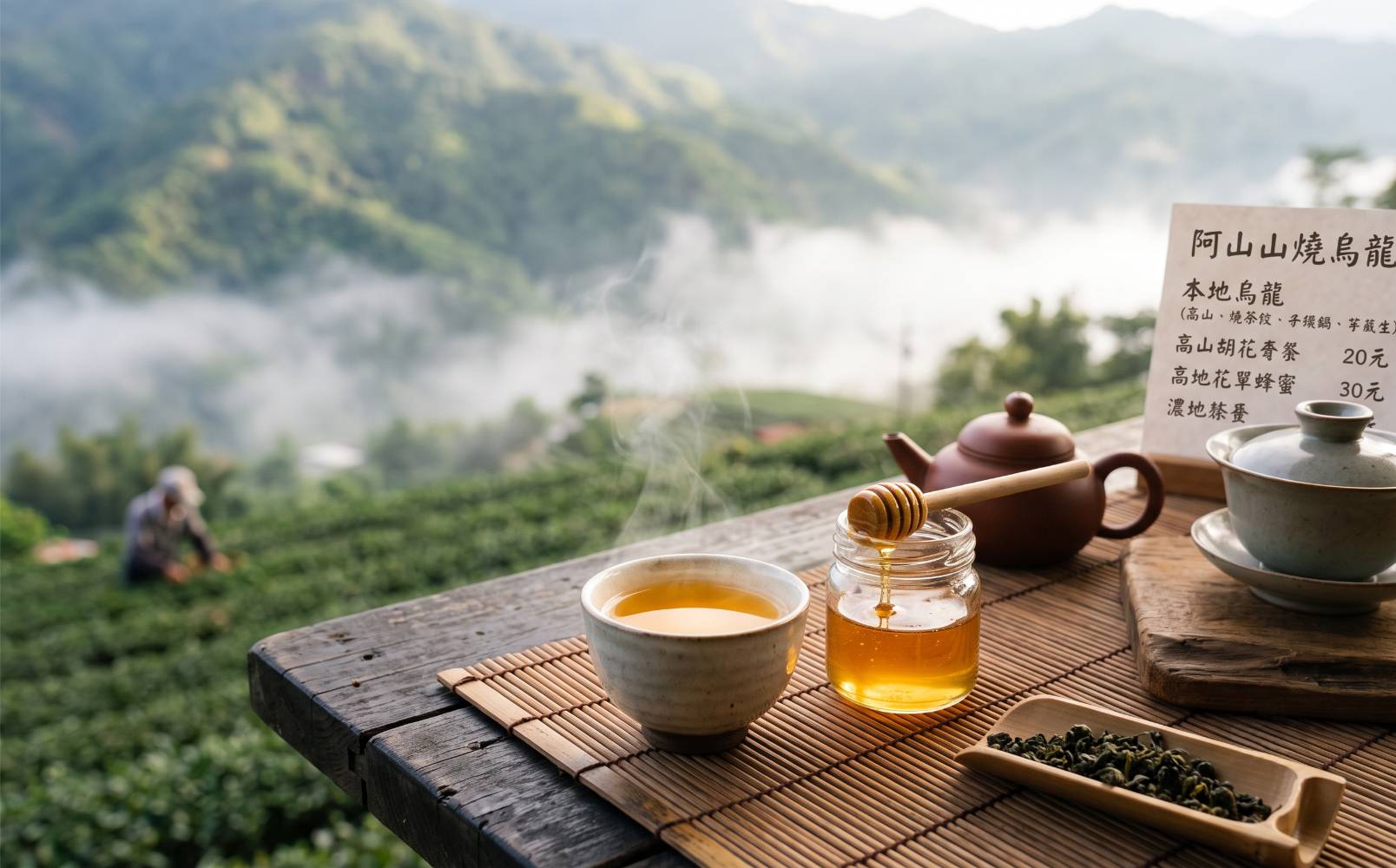 Honing naast een kopje amberkleurige oolong