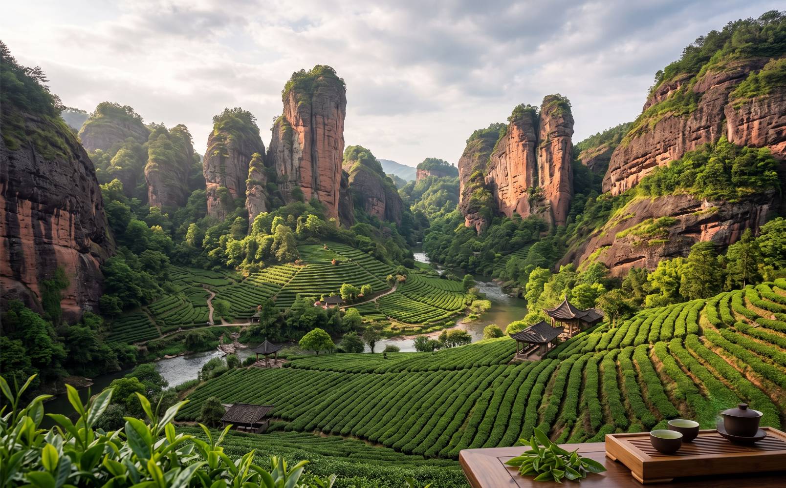 Theetuinen tussen de rode kliffen van Wuyi