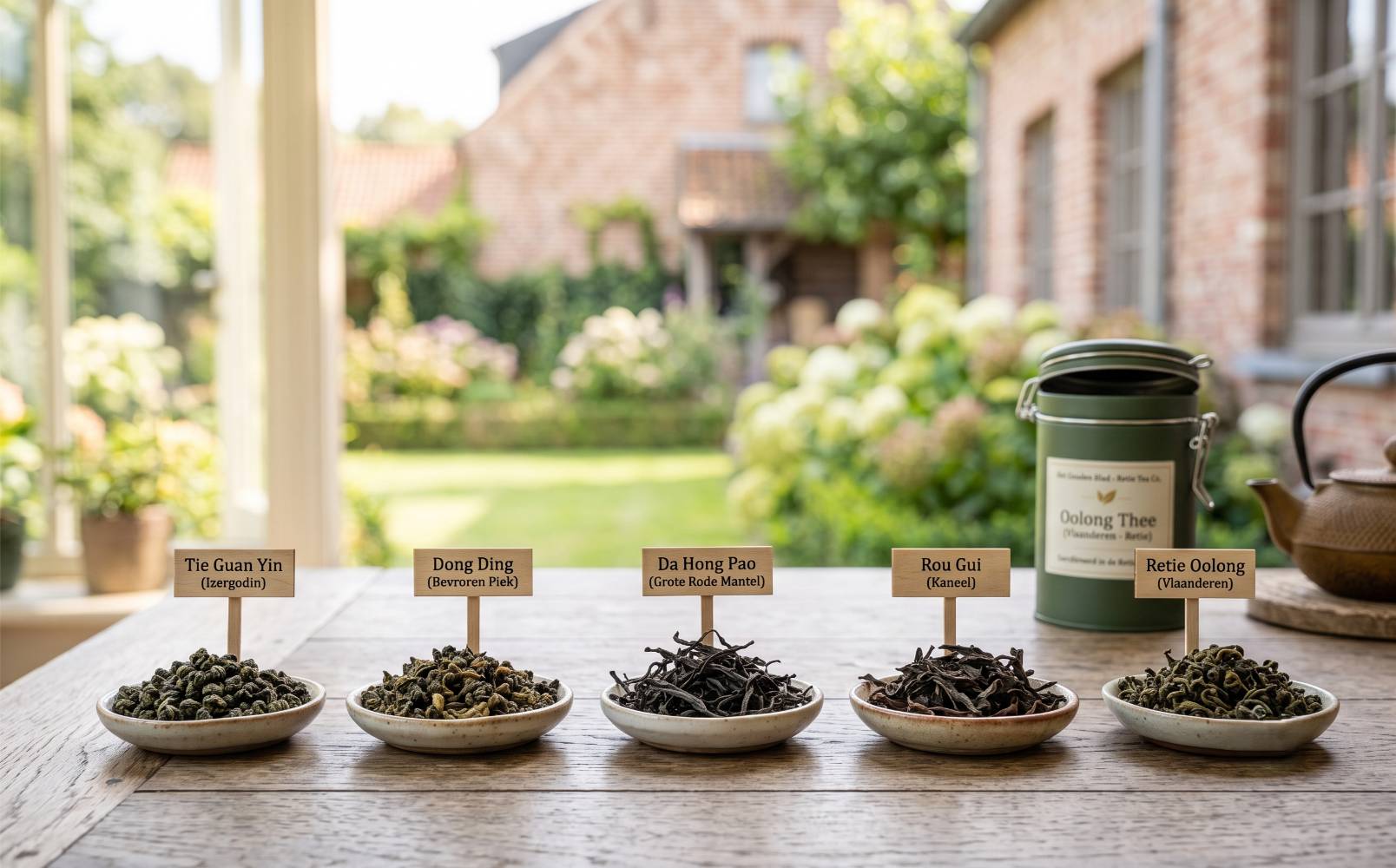 Verschillende soorten oolongblad naast elkaar
