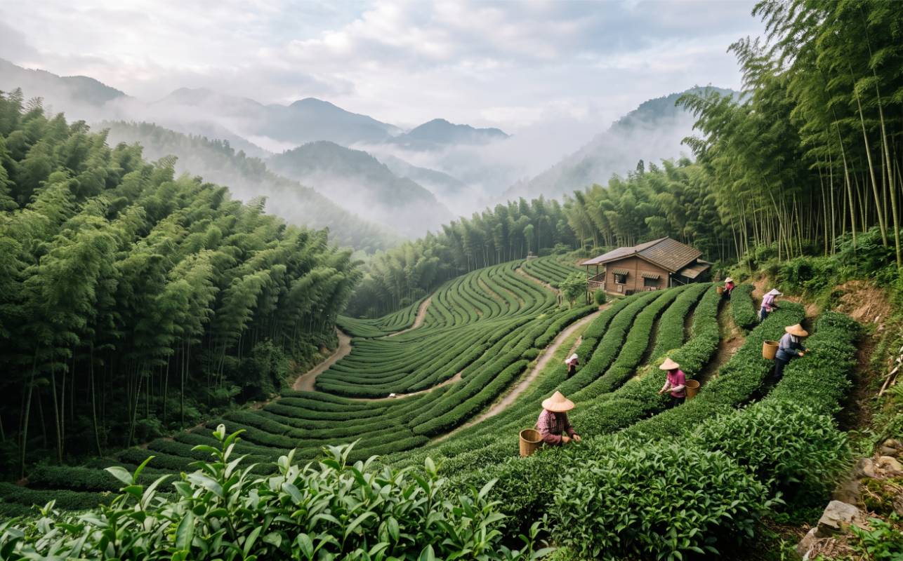 Theetuinen omringd door bamboebos in Shan Lin Xi