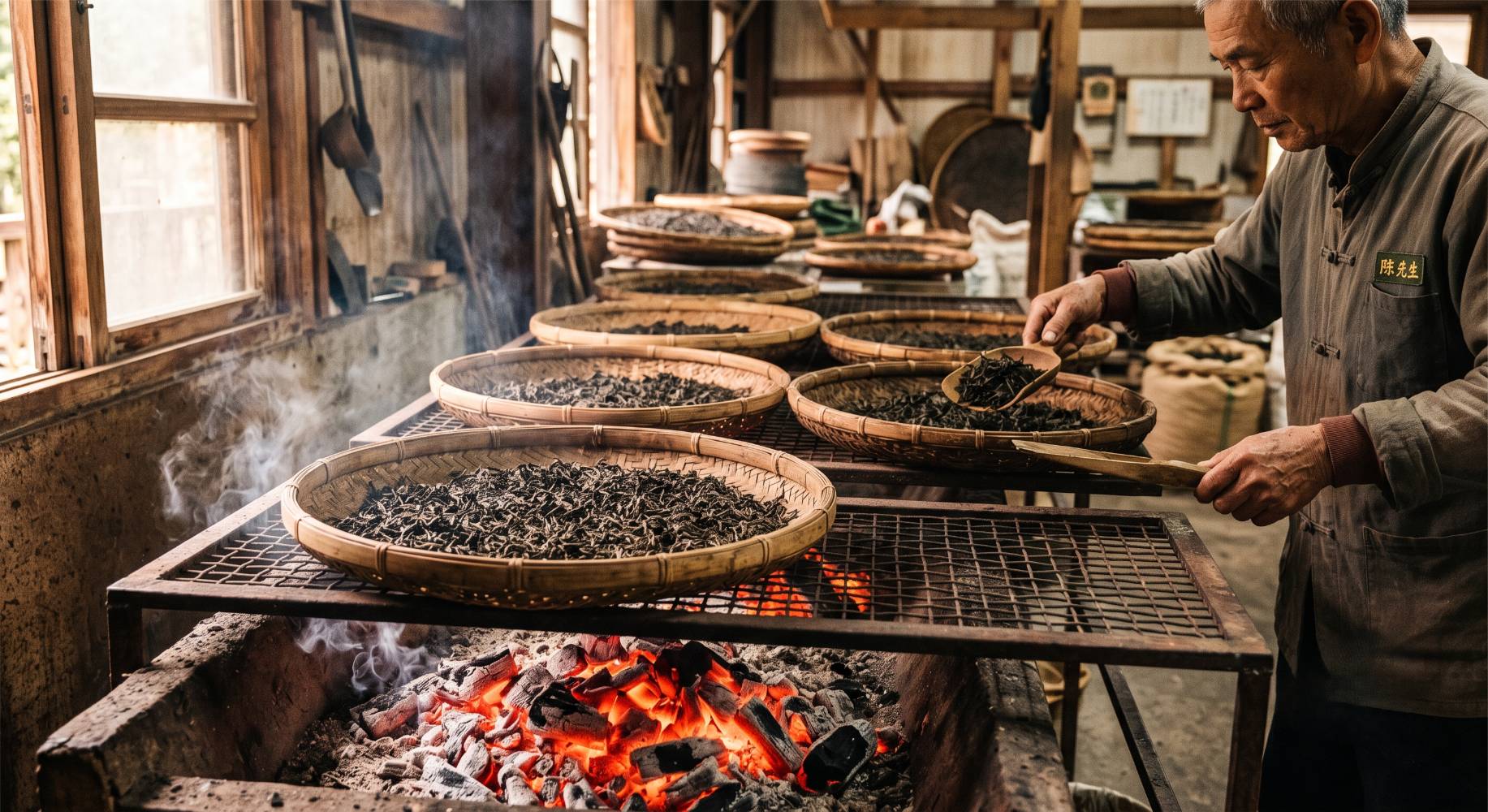 Manden met oolong boven gloeiende houtskool