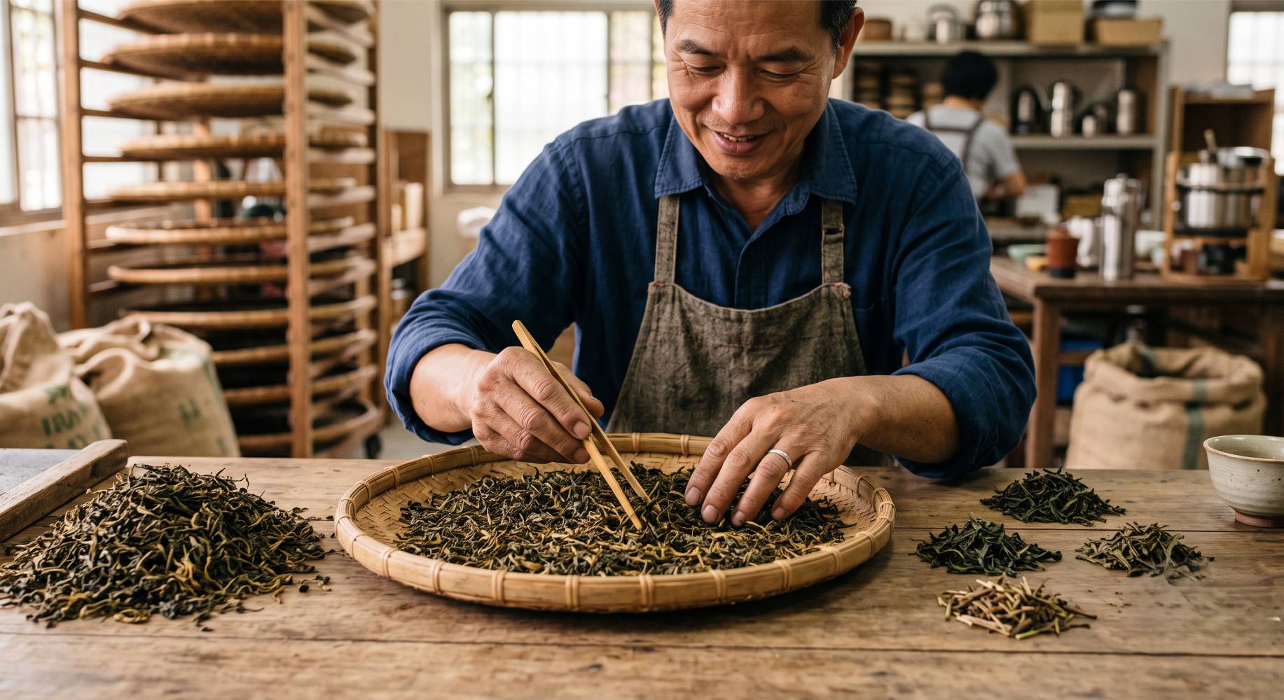 Handen die gedroogde oolong sorteren