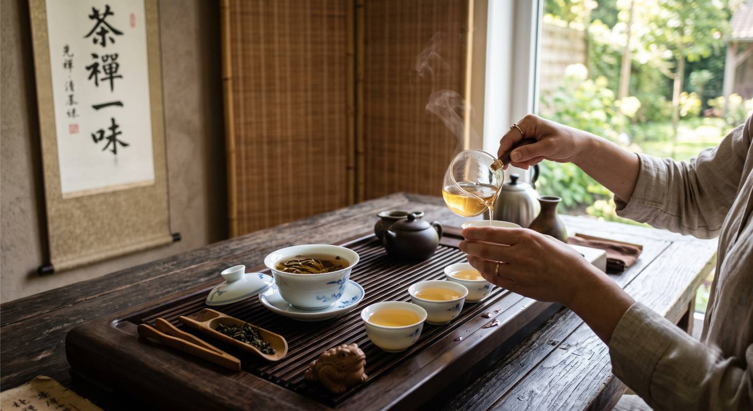 Gongfu cha sessie met gaiwan en kopjes