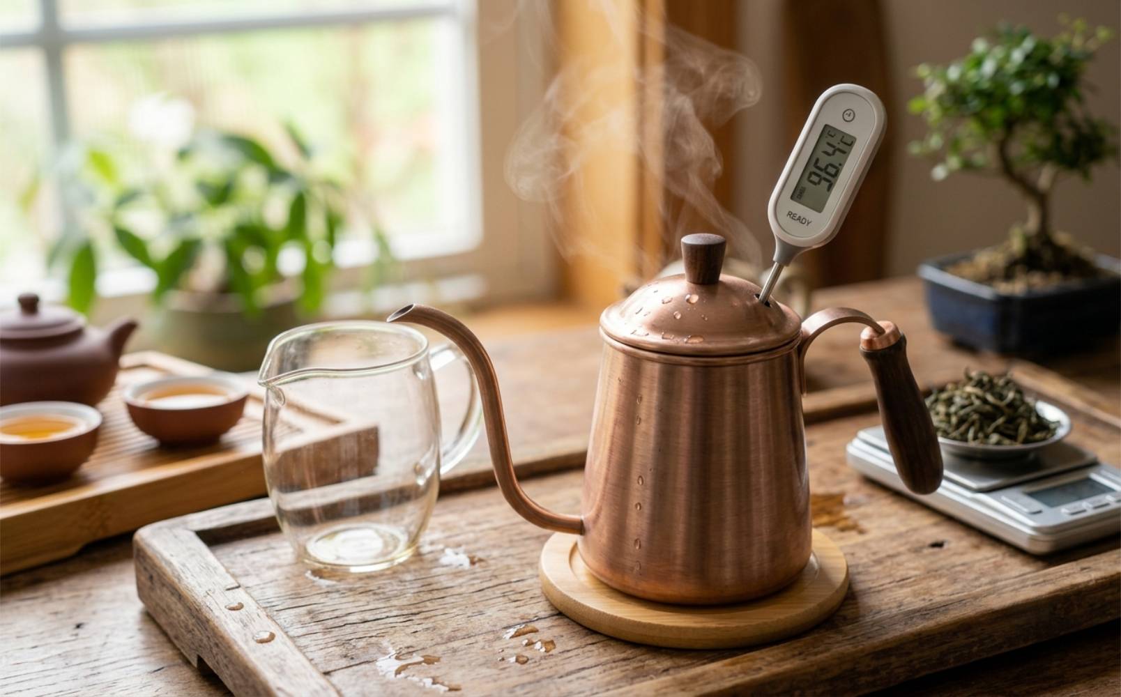 Thermometer in een waterkoker met heet water