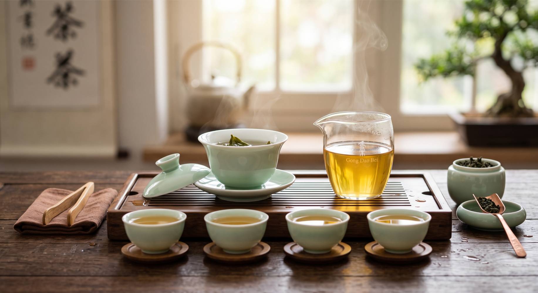 Gongfu-theeset met gaiwan, schenkkan en kopjes