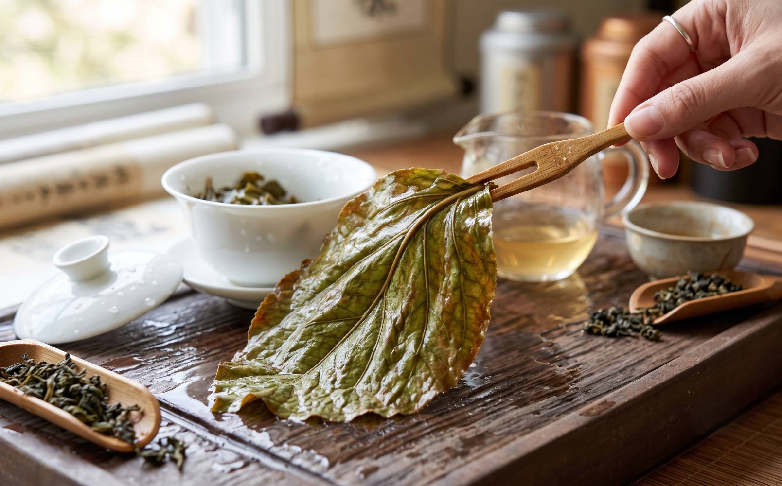 Ontvouwd oolongblad na meerdere infusies