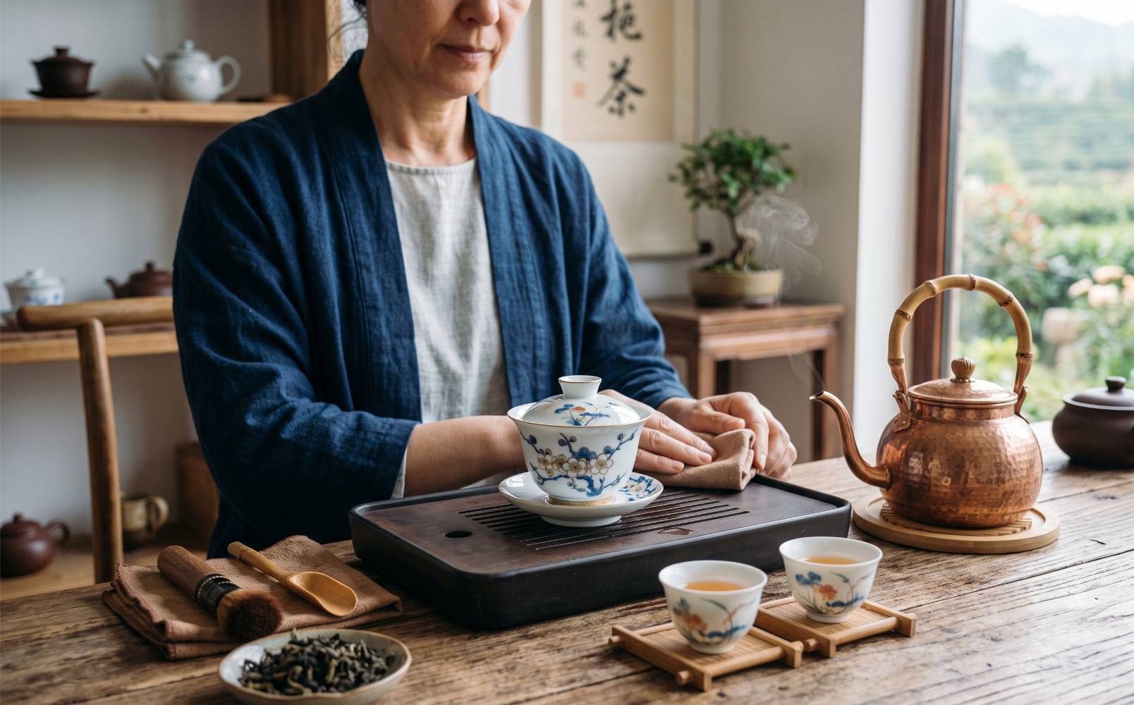 Gaiwan, waterkoker en kopjes klaar om te zetten
