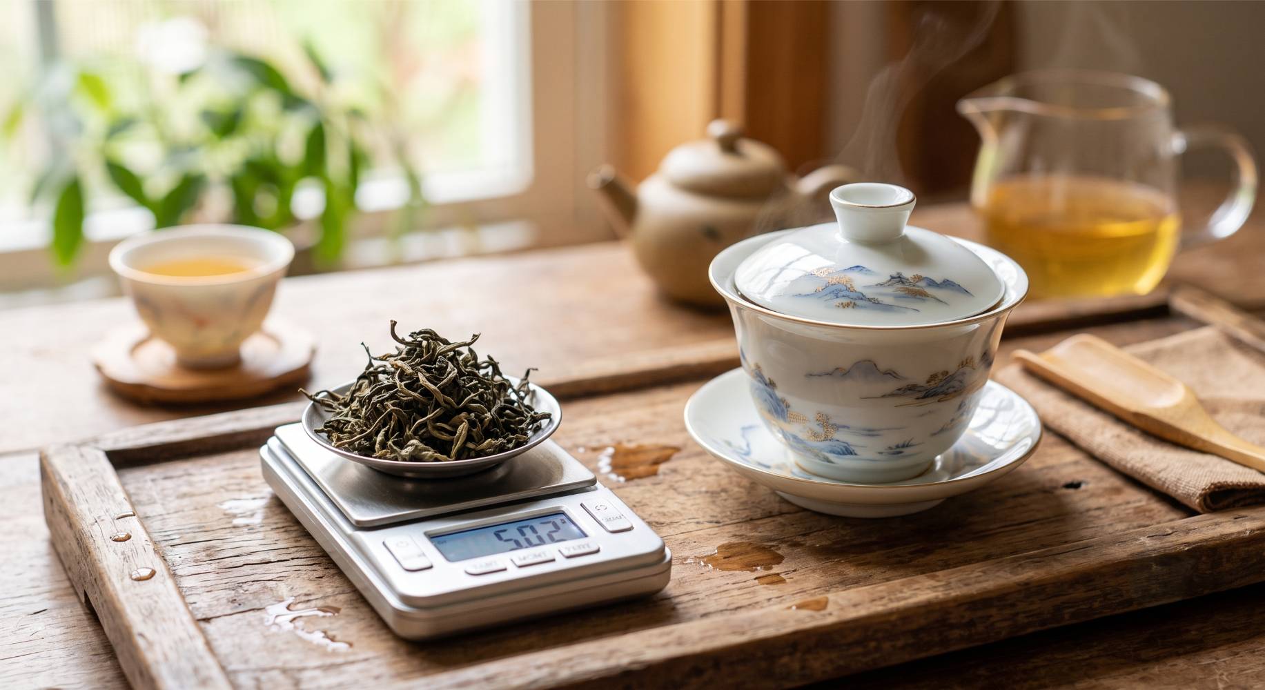 Theeblad op een weegschaaltje naast een gaiwan