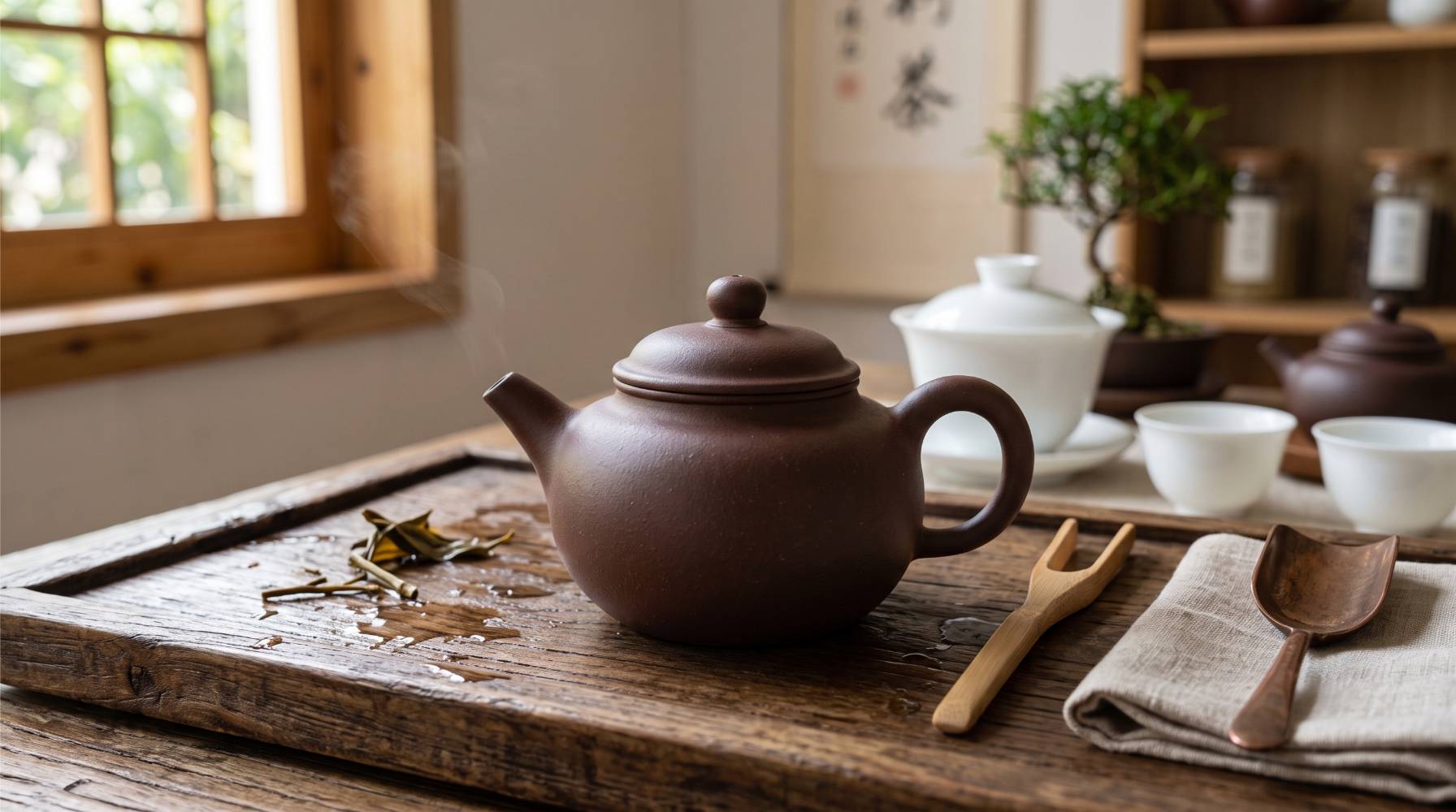 Bruine Yixing-theepot van ongeglazuurde klei