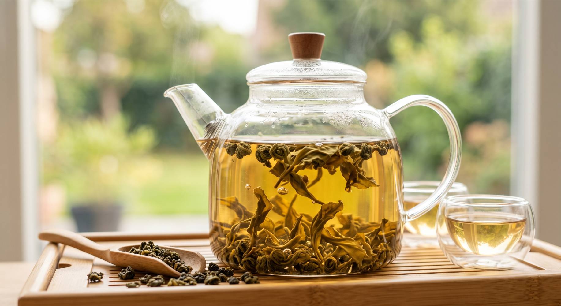 Glazen theepot met ontvouwende oolong
