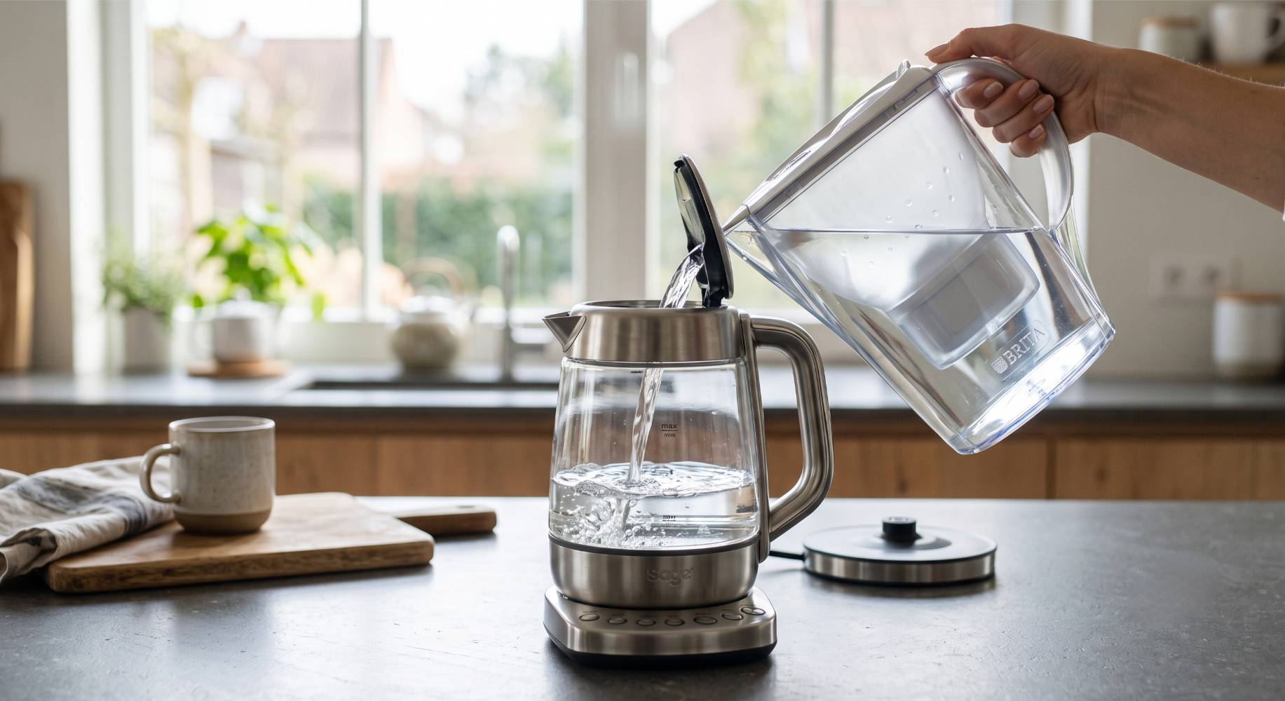 Helder water dat in een waterkoker wordt gegoten